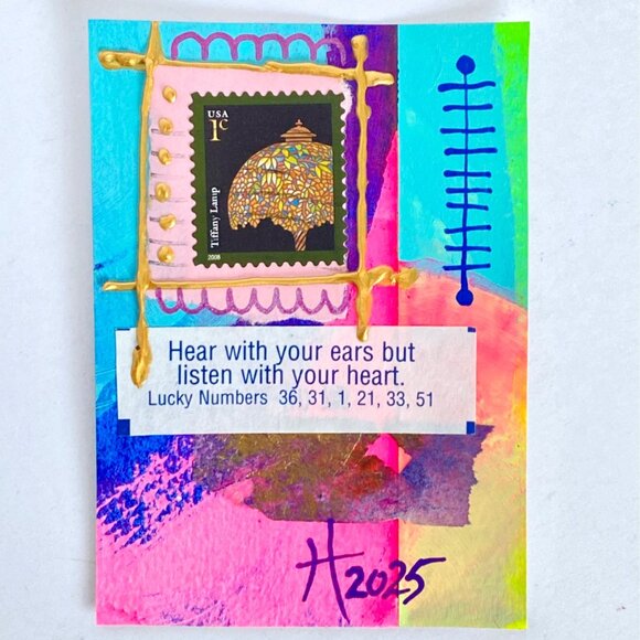 ACEO Original Art Card Acrylic Mixed Media Collage Tiffany Lamp PostageStamp ATC - Picture 1 of 3